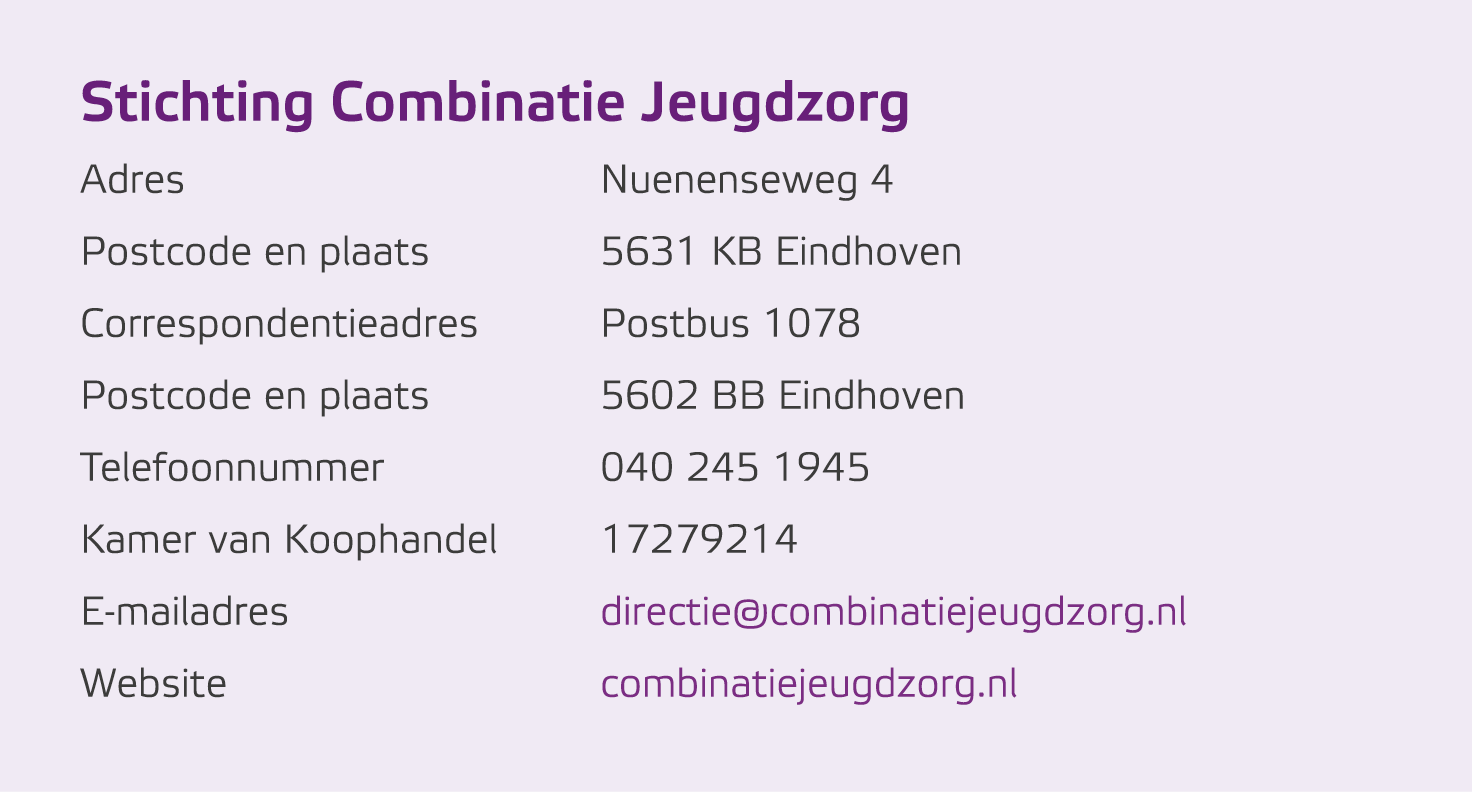 Stichting Combinatie Jeugdzorg Adres Nuenenseweg 4 Postcode en plaats 5631 KB Eindhoven Correspondentieadres Postbus ...