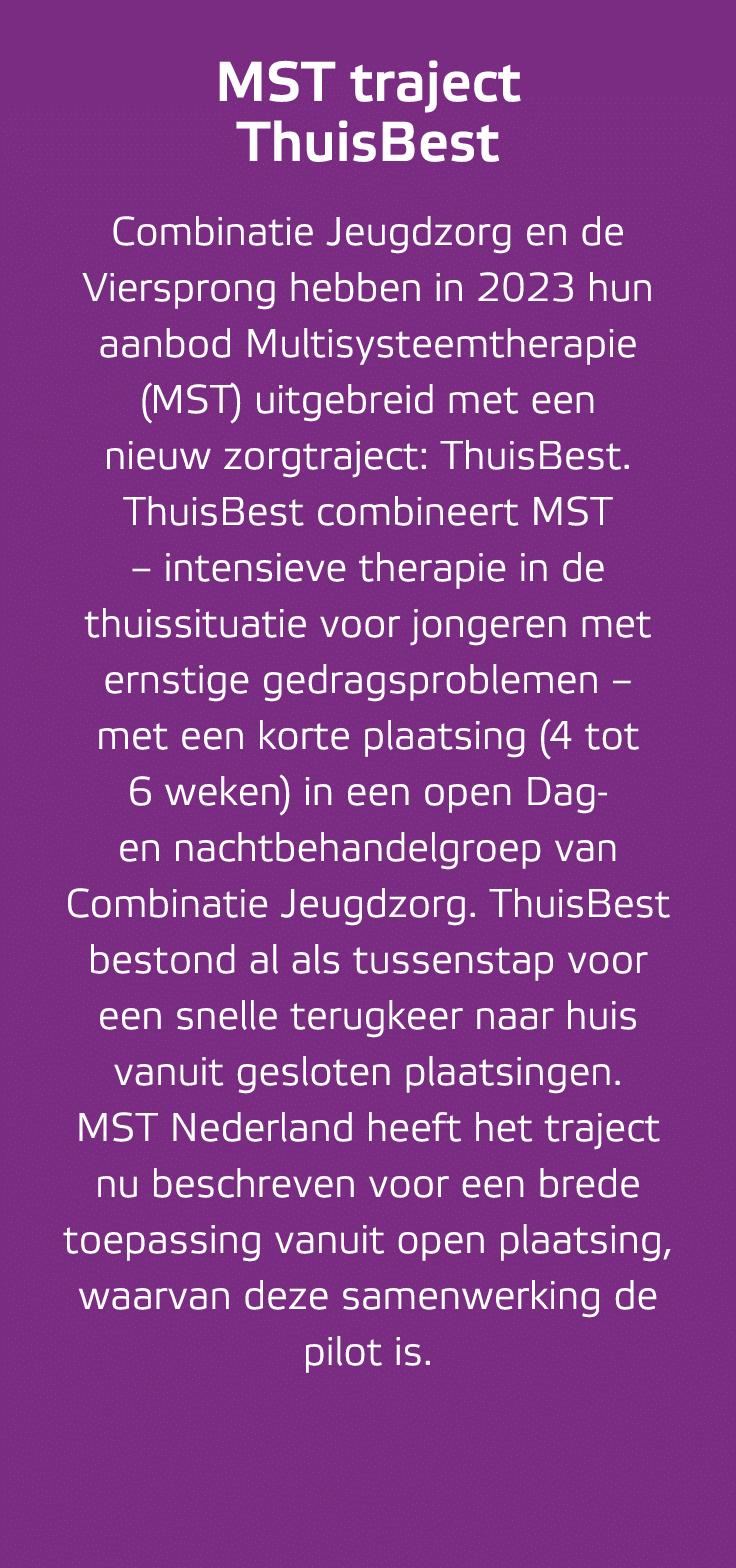 MST traject ThuisBest Combinatie Jeugdzorg en de Viersprong hebben in 2023 hun aanbod Multisysteemtherapie (MST) uitg...
