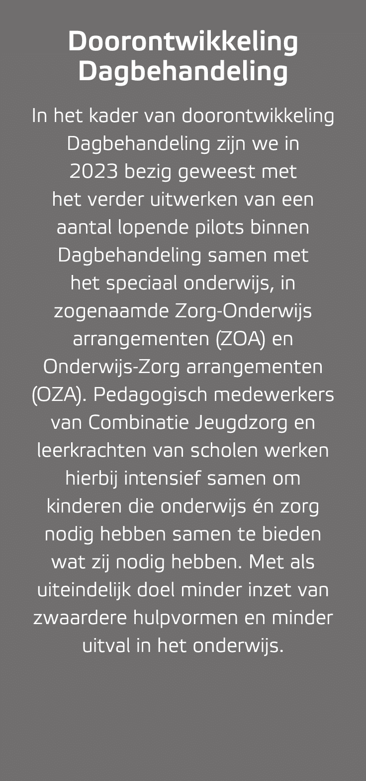 Doorontwikkeling Dagbehandeling In het kader van doorontwikkeling Dagbehandeling zijn we in 2023 bezig geweest met he...