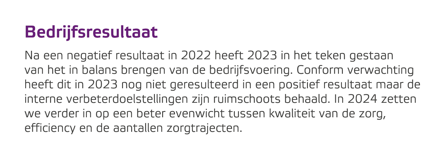 Bedrijfsresultaat Na een negatief resultaat in 2022 heeft 2023 in het teken gestaan van het in balans brengen van de ...