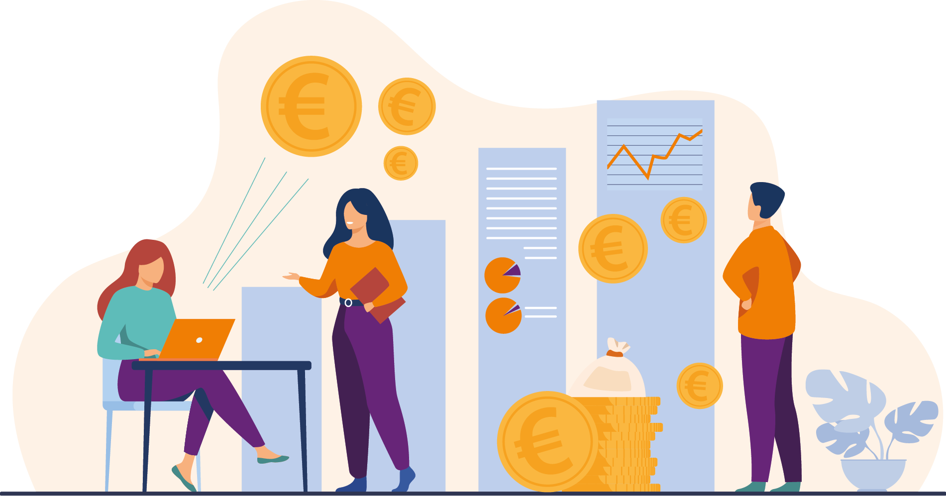 Startup managers presenting and analyzing sales growth chart. Group of workers with heap of cash, rocket, bar diagrams with arrow and heap of money. For business success, marketing, profit concepts