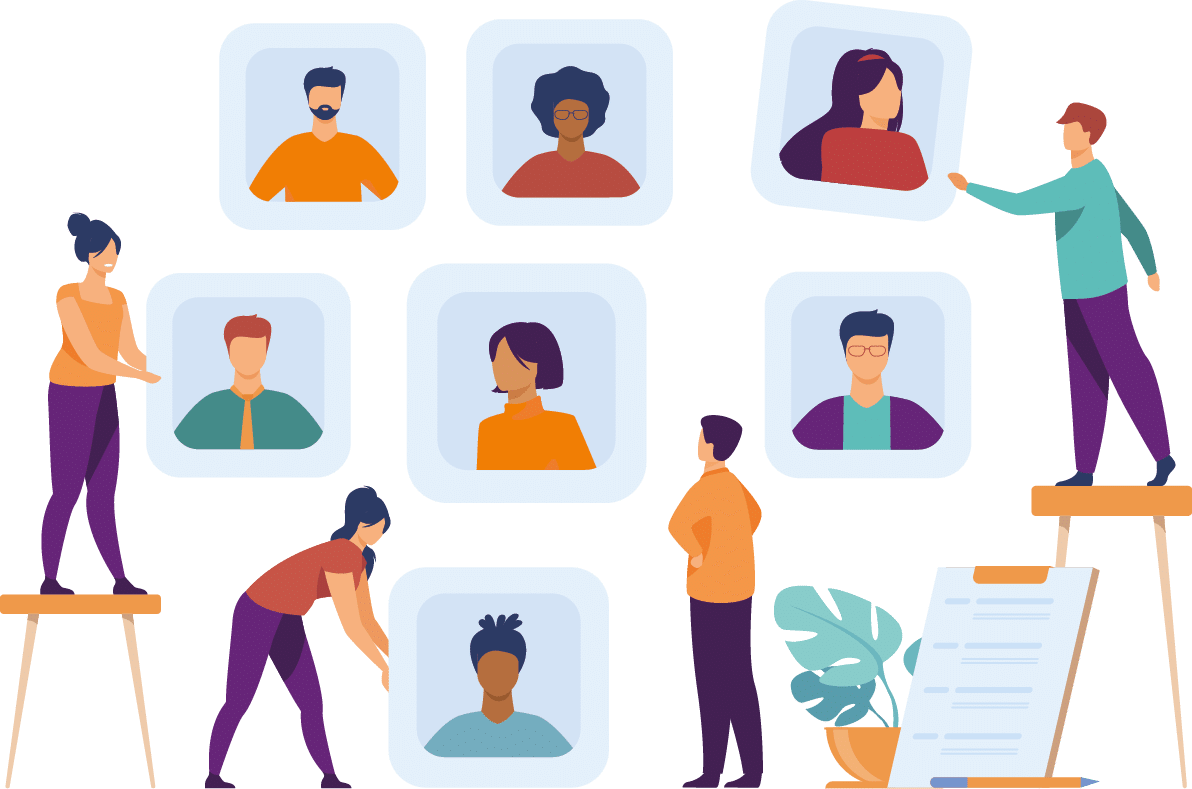 Employers choosing candidates for job interview. HR professionals analyzing applicant or employee profiles. Vector illustration for recruit agency, career, business, employment concept