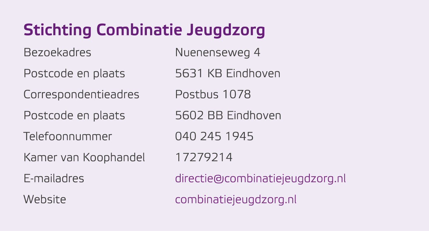 Stichting Combinatie Jeugdzorg Bezoekadres Nuenenseweg 4 Postcode en plaats 5631 KB Eindhoven Correspondentieadres Po...