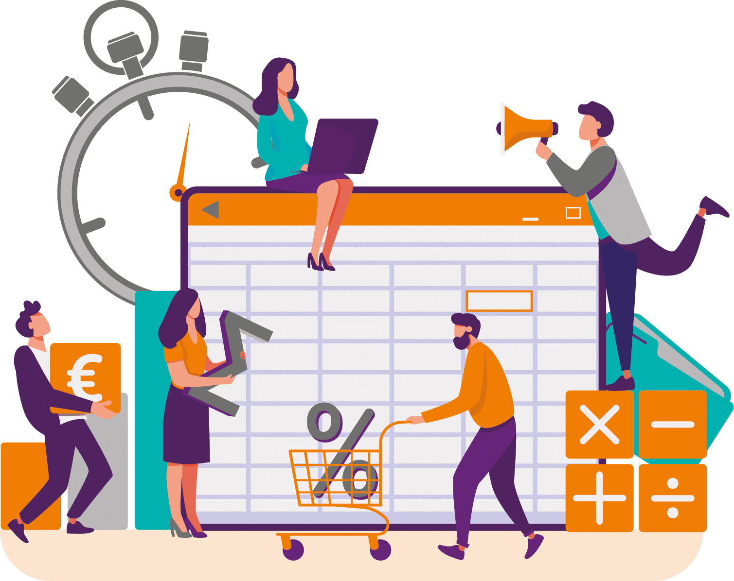 Accounting app vector illustration. Professionals working on financial reports, analyzing data sheet. Team of accountant using bookkeeping software