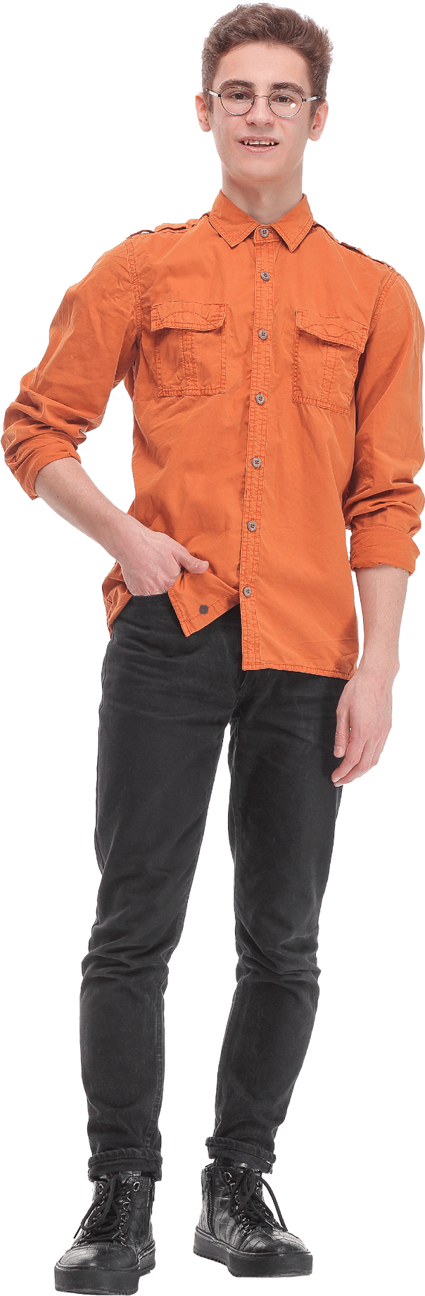 Happy smiling young man standing full length isolated on white background with hand in pocket