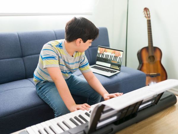 Young Boy Following Instructions Music Teacher Learning Play Piano Caucasian Kid Taking Art Lessons Online Video Call
